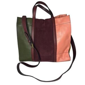 Fossil Cow Hide Leather Tote Purse Dark Green Burgundy Pink 3 Tone Crossbody